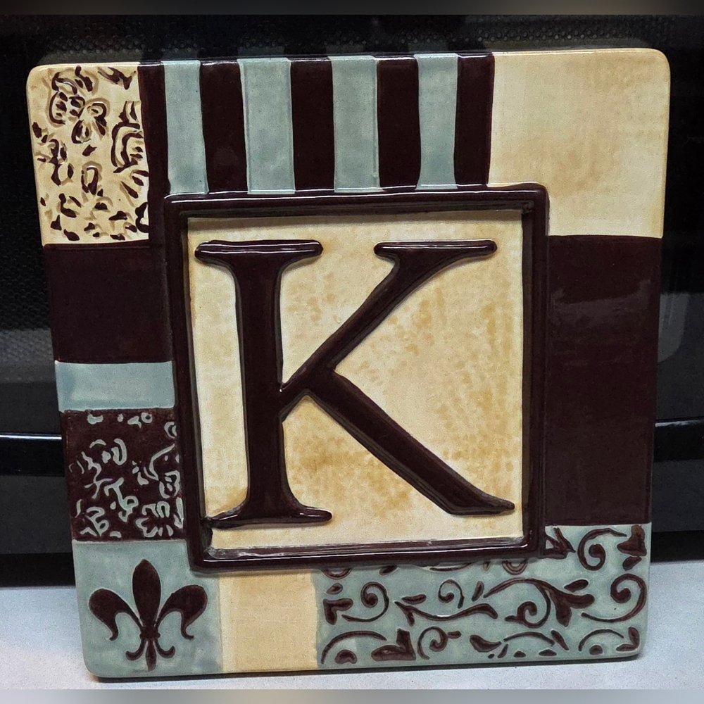 Decorative Ceramic Tile Initial "K" Wall Hanging 8x8"